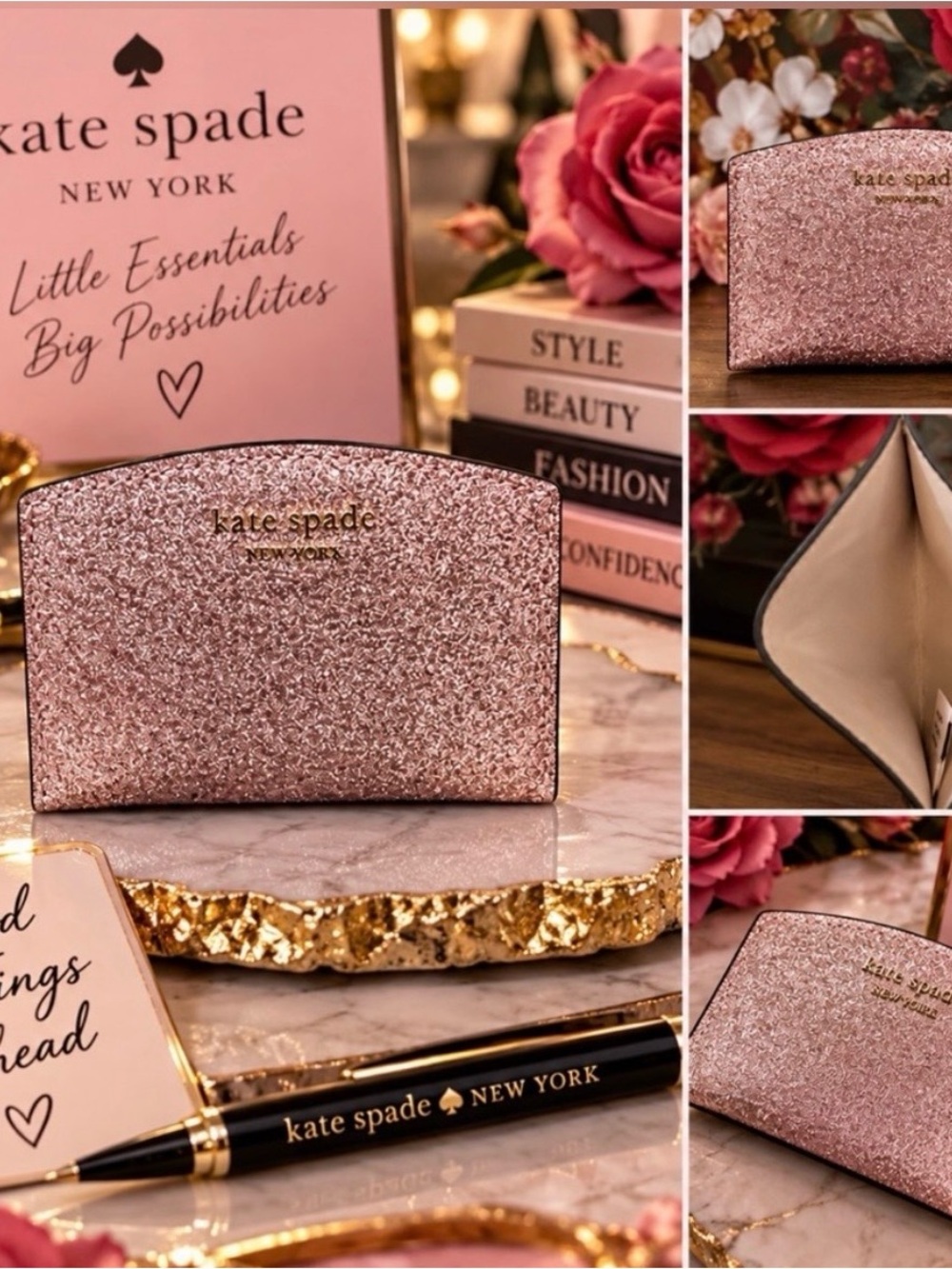 kate spade Rose Gold Glitter Cosmetic Pouch